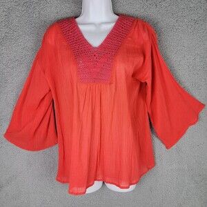 525 America Womens Top Size Medium Orange Crochet Bodice V Neck Bell Sleeves